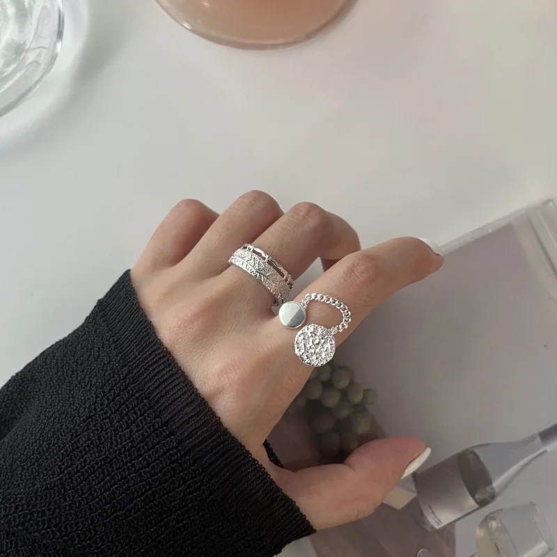 

VENTFILLE 925 Sterling Silver Chain Tassel Textured Ring For Women Gift Irregular Geometric Trendy Punk Jewelry Dropshipping