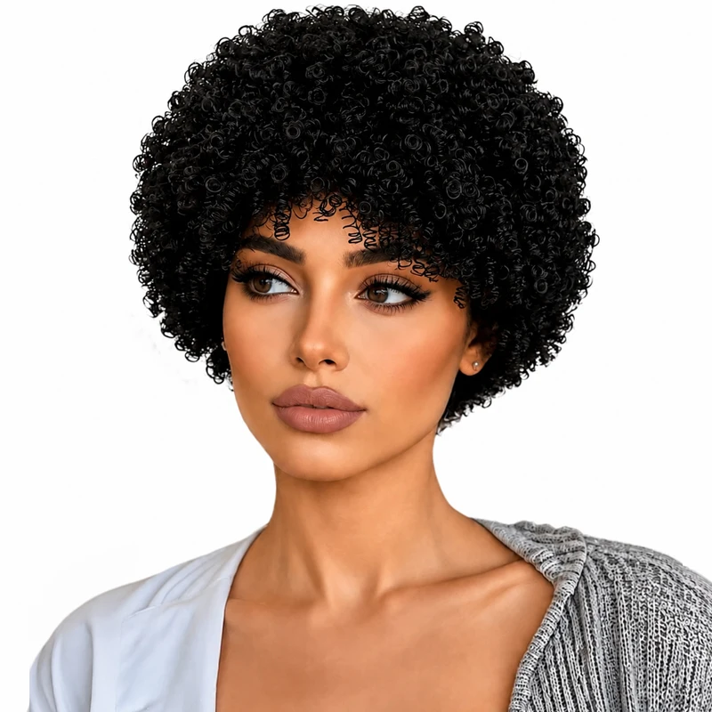 8-inch black curly synthetic wig, stylish and voluminous, suitable for cosplay and all women.