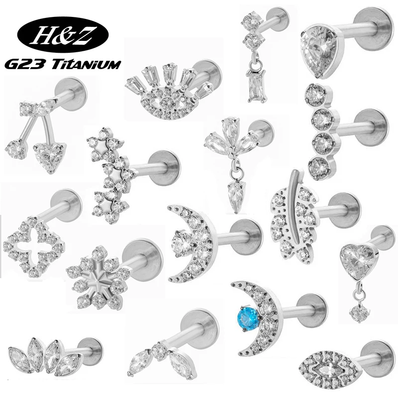 1PC Pendiente de Titanio G23 con Rosca Interna y Parte Trasera Plana, con Circonita Cúbica, para Cartílago, Tragus, Hélix, Nariz, Labret, Joyería para Piercing