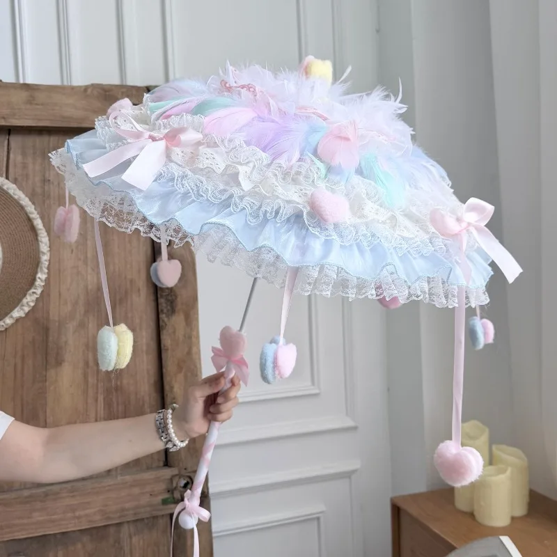 Carousel Rainbow Feather Lolita Umbrella Sweet Girly Tea Party Decorative Parasol for Cosplay Photoshoot Gothic Lolita Accessory