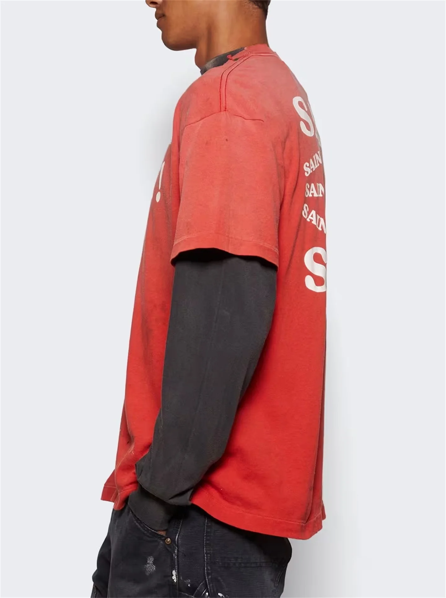 Saint Mxxxxxx Vintage Washed Unisex Short Sleeve T-Shirt Red Cotton Retro Style Men's Women's Clothing Streetwear Outdoor