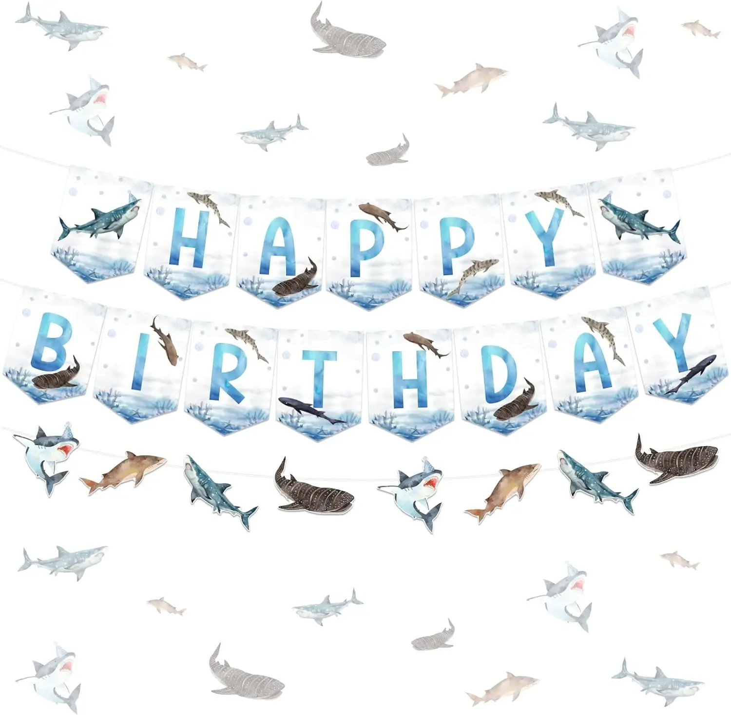 

Ocean Shark Happy Birthday Banner Decor Garland Hanging Decors Birthday Celebration Party Supplies for Birthday Party