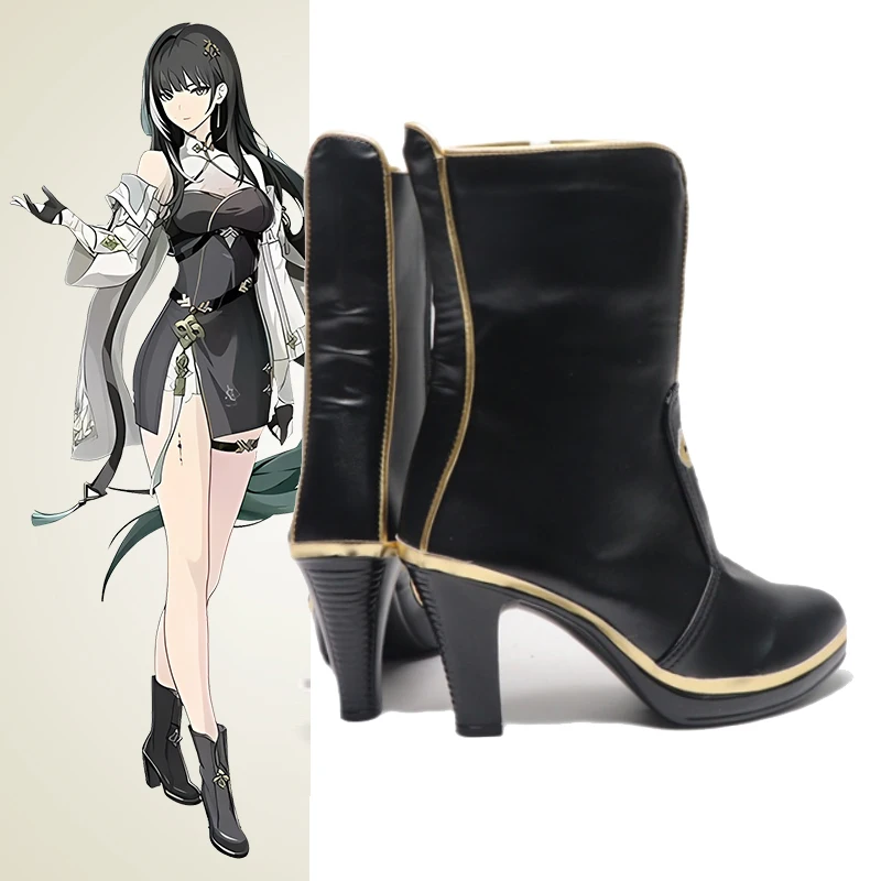 The Baizhi Cosplay Game Wuthering Waves  black Prop shoes  high heels Women customize mid-calf boots