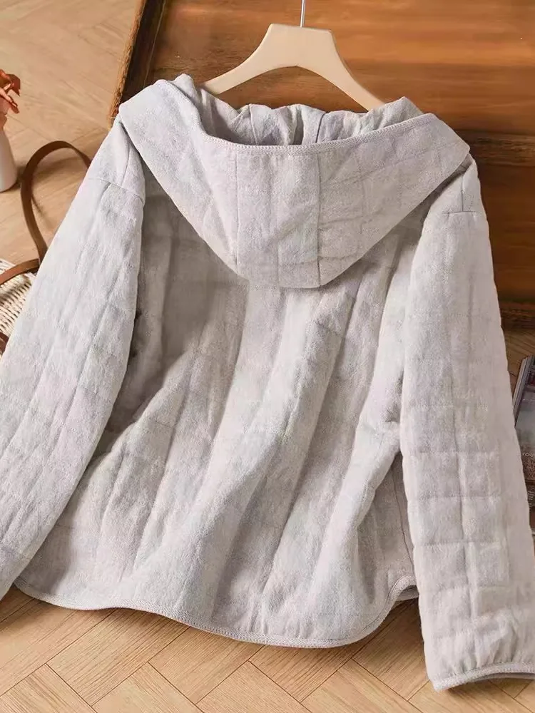 جاكيت نسائي شتوي فضفاض ودافئ من القطن والكتان بتصميم فني عتيق مع غطاء للرأس، معطف قطني طويل الأكمام بصف أزرار مزدوج