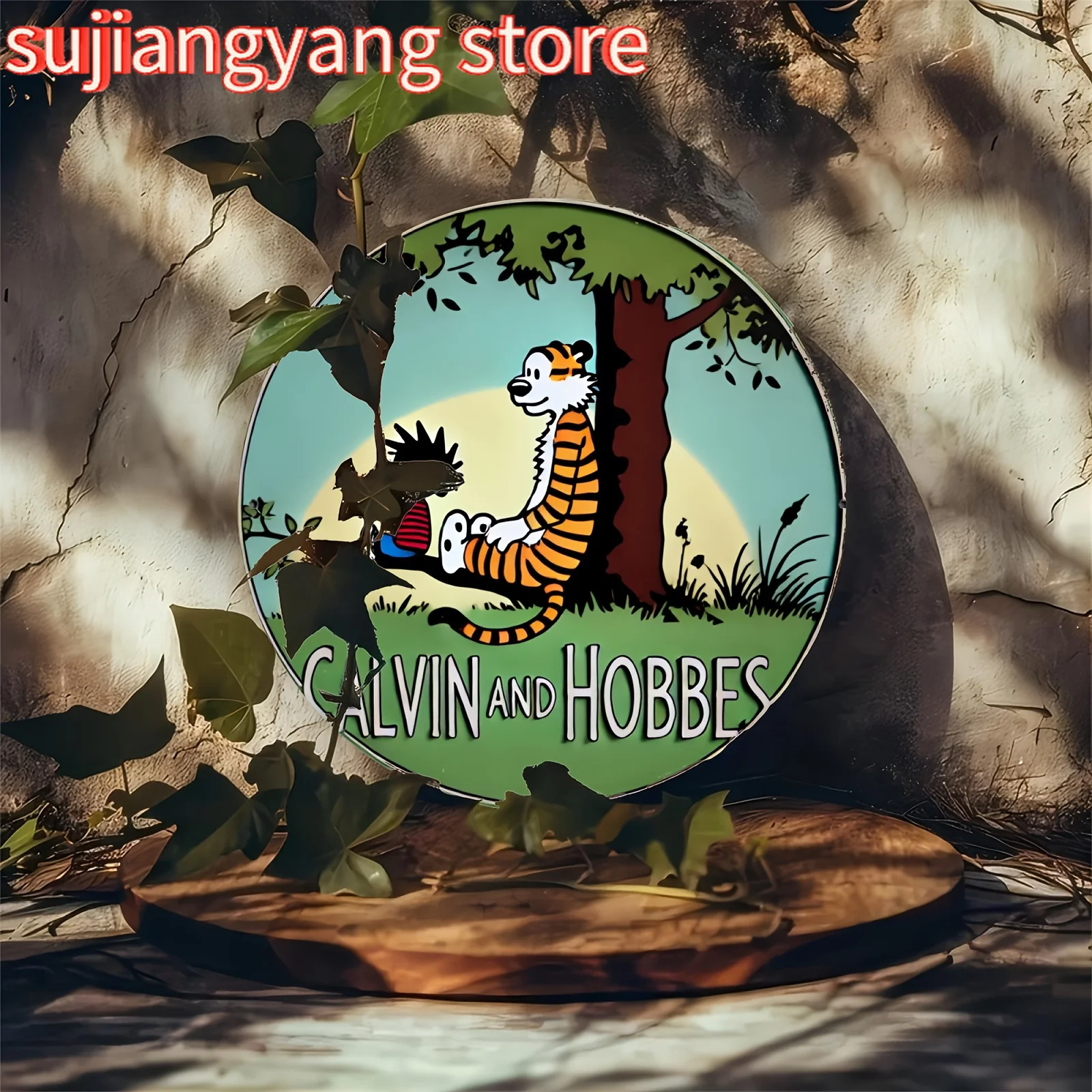 لافتة قصدير معدنية على الطراز العتيق من كالفين آند هوبز - 20.32 × 20.32 سم لوحة فنية جدارية من الألومنيوم مستديرة للمنزل والبار والمقهى والديكور الخارجي