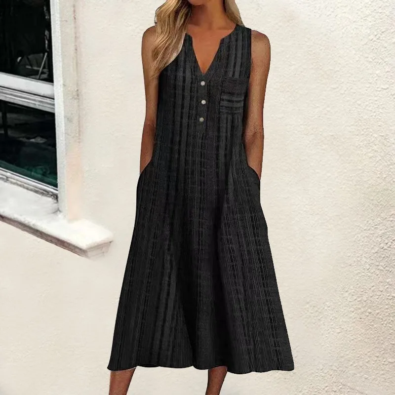 2024 Summer New Amazon Foreign Trade Wish Independent Station Fashion Pocket V-neck Stripe Sleeveless Casual Dress