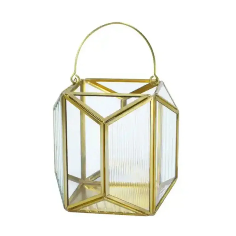 Gold Candlestick Holder Luxury Elegant Frame Glass Material with Handle Porcelain Candle Lantern for Home Center Piece