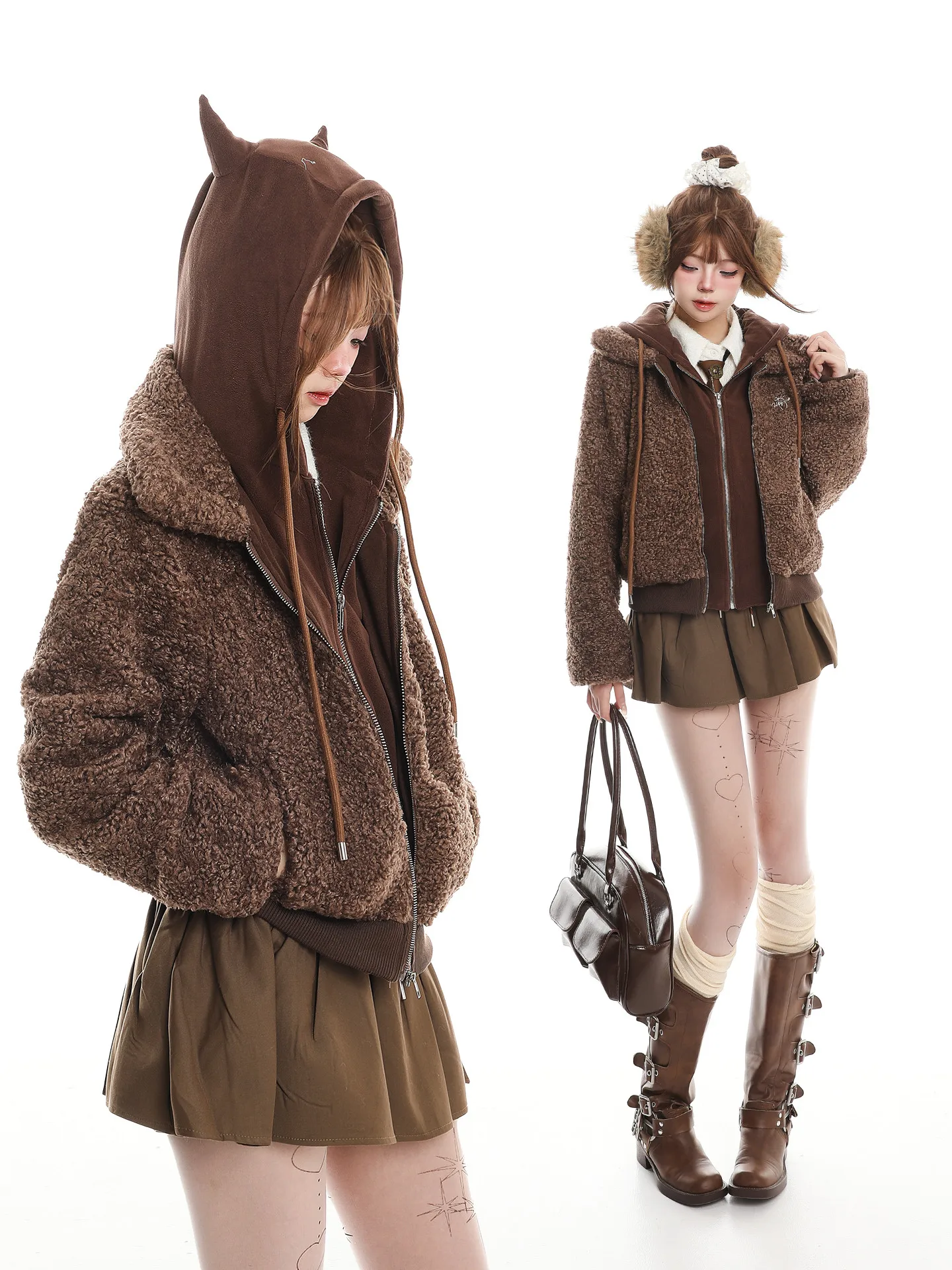 

Korean Sle ort Lamb Fur Hooded Cotton Jaet Women's Winter Thi Warm Coat Lazy Sle Zipper Closure Color