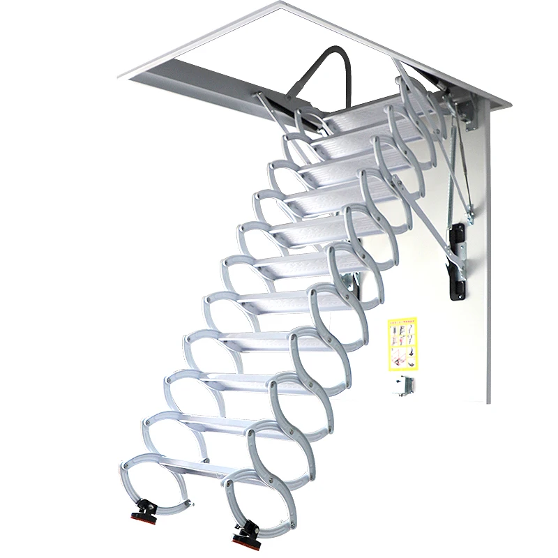 Modern Fully Automatic Folding Carbon Steel Handrails Telescoping Attic Ladder 300kg Load Capacity 12.5ft Extended Height 2-Year