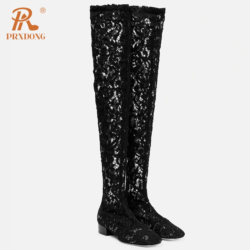 PRXDONG New Brand Spring Autumn Low Square Heel Round Toe Black Sexy Over The Knee Boots Big Size 34-43 Dress Party Casual Shoes