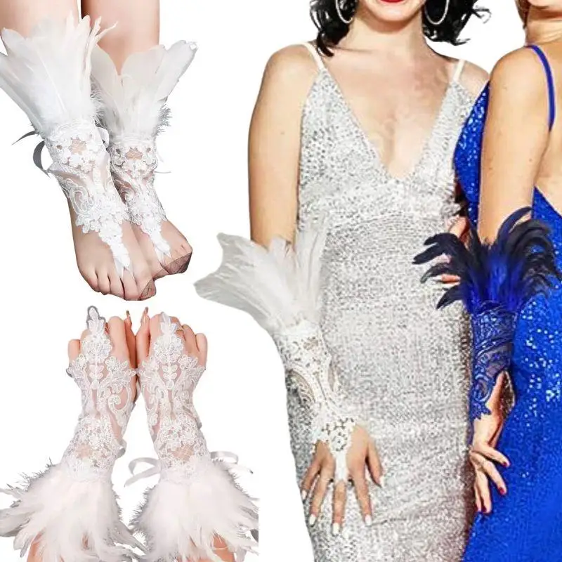 

1PC Women Lace Feather Long Gloves Gothic Mesh Sleeve Halloween Party Hook Finger Gloves Embroidery White Wrist Cuffs Gloves