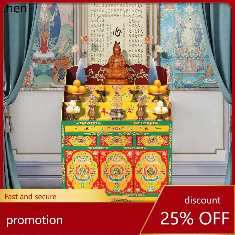 

Cz tibetan-style painted three-tiered buddha shrine table, offering cabinet, altar, home buddhist hall, solid wood