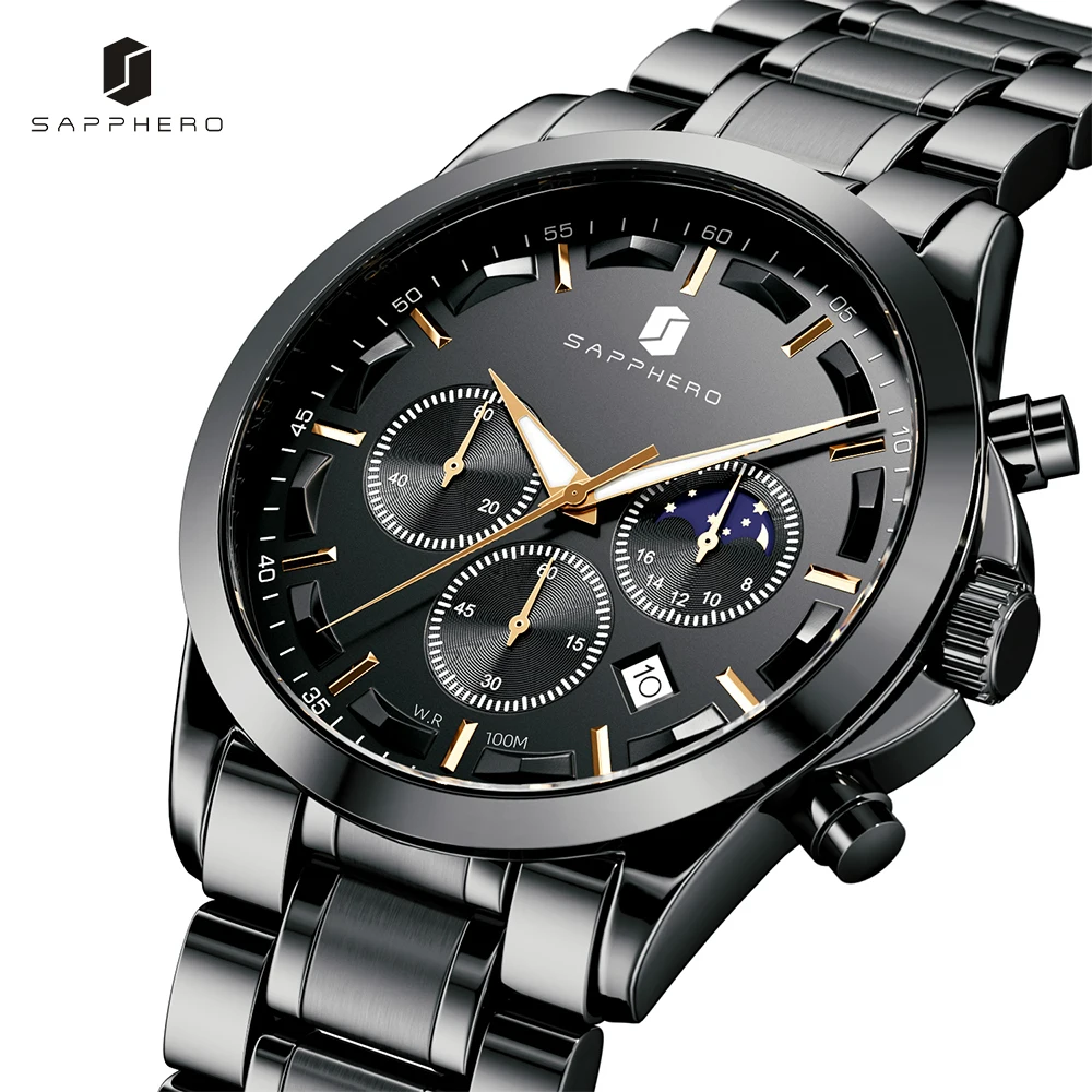 SAPPHERO-reloj de cuarzo de acero inoxidable para hombre, cronógrafo de lujo, de negocios, resistente al agua hasta 100M, con fecha, informal