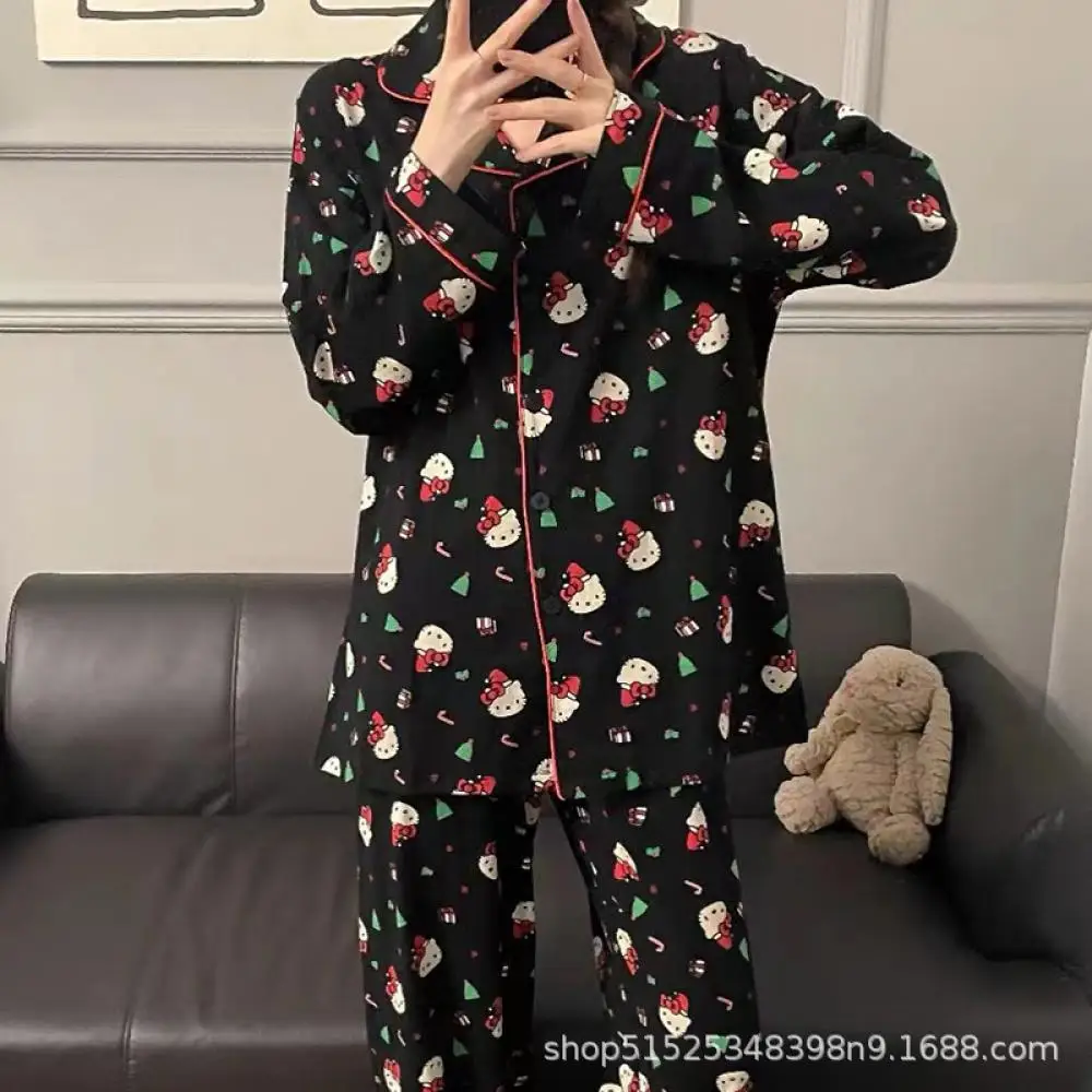 Kawaii Hello Kitty Women Pajamas Suit Cotton Cartoon Kuromi Spring Casual Home Wear Anime Cute Long-Sleeved Pants Nightclothes