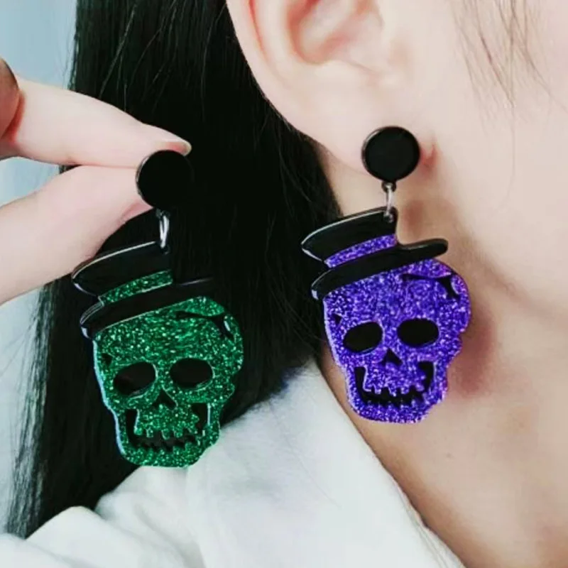 

New Halloween Shiny Hat Skull Head Ear Studs Earrings Fashion Personalized Splice Acrylic Earrings For Women