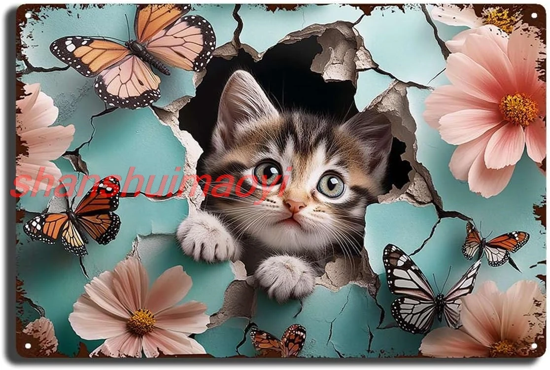 Tin Signs funny metal Decor sign a cute kitten peaking through a hole in a cracked wall surrounded For Room Decor, Outdoor  ALIA