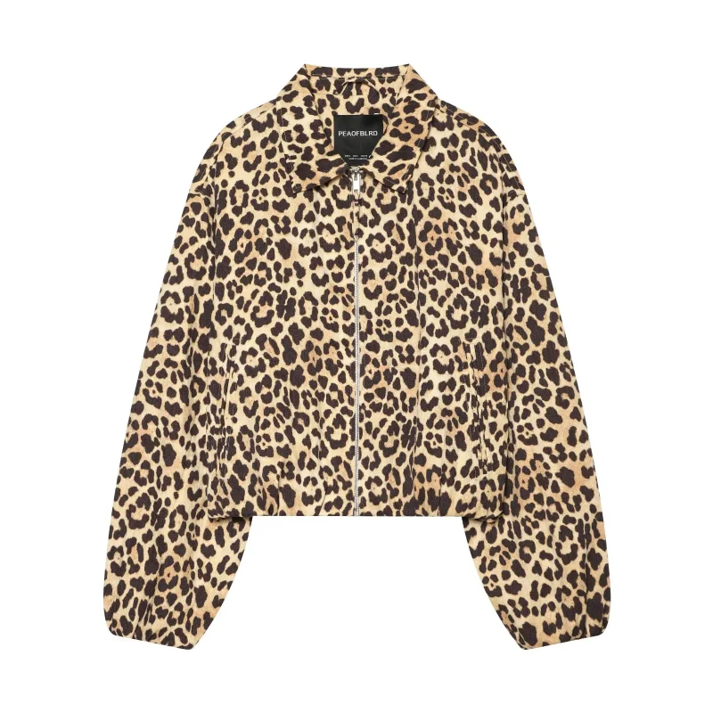 Leopard Brown Coat Women Loose Outerwear With Zipper Closure Turn-Down Collar Long Sleeves Jacket Chic Lady Streetwear