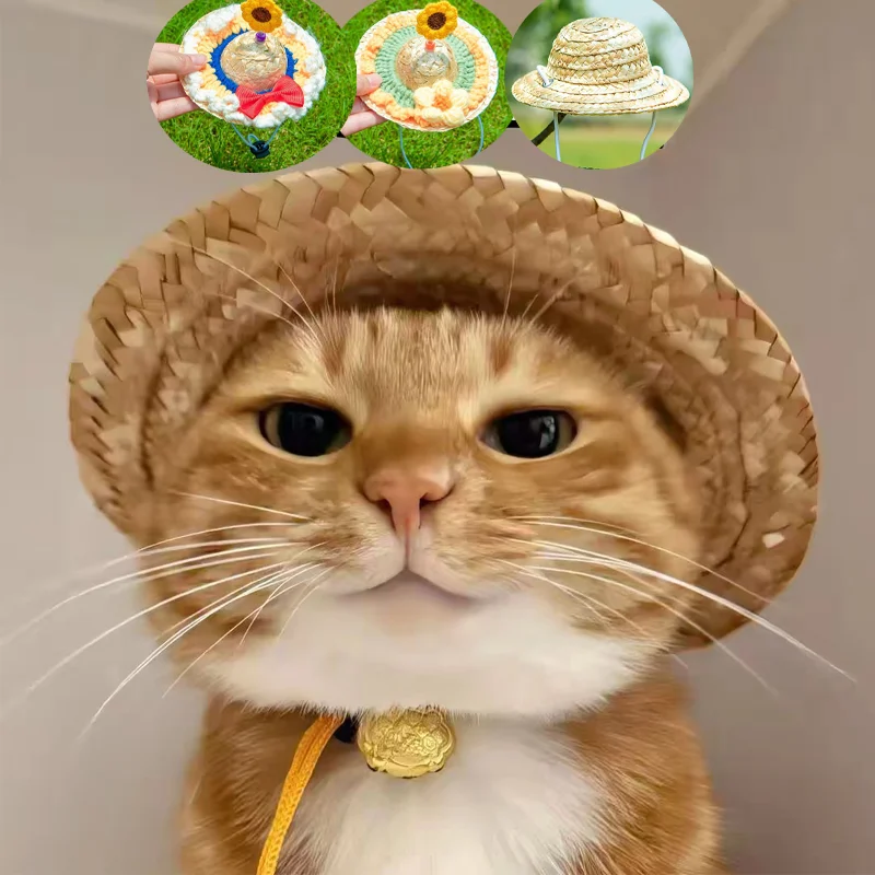 Adjustable Pet Woven Hat Cute Dog Decorative Hat Photo Prop Dog Cat Sunshade Cap Run Straw Hat For Small Dog Puppy Cat 13/16CM