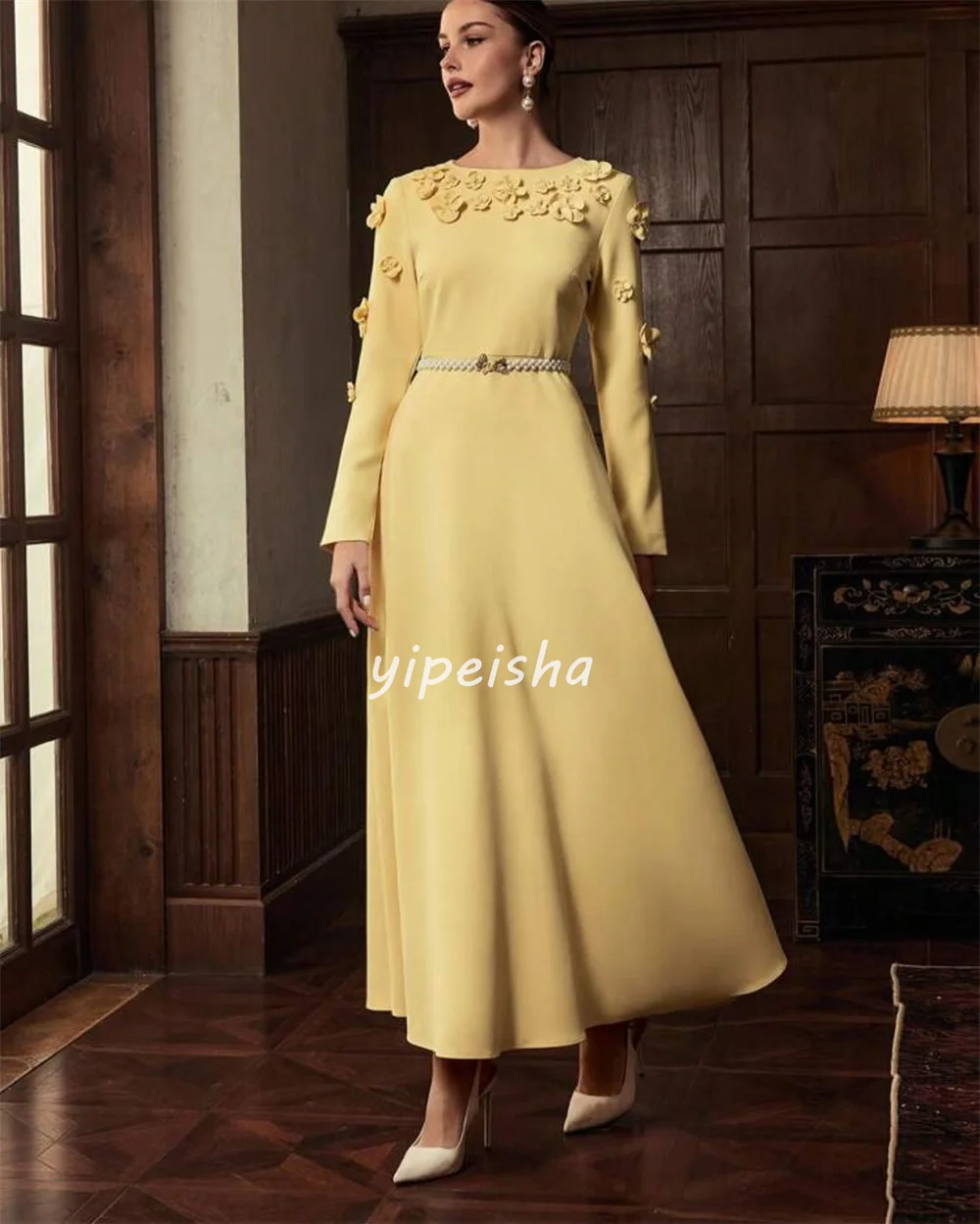 ที่กําหนดเองสไตล์โมเดิร์นจับคู่ Jersey Handmade ดอกไม้ Sash A-Line Scoop คอข้อเท้าความยาวชุด Bespoke โอกาสชุด