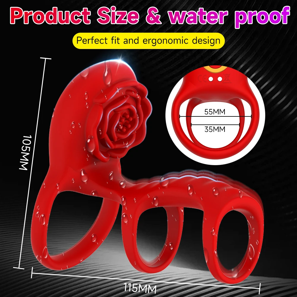 4IN1 Powerful Vibrating Three Loop Cock Ring Rose Clit Nipple Vibrator Wireless Control Penis Erection Trainer Sex Toy for Adult