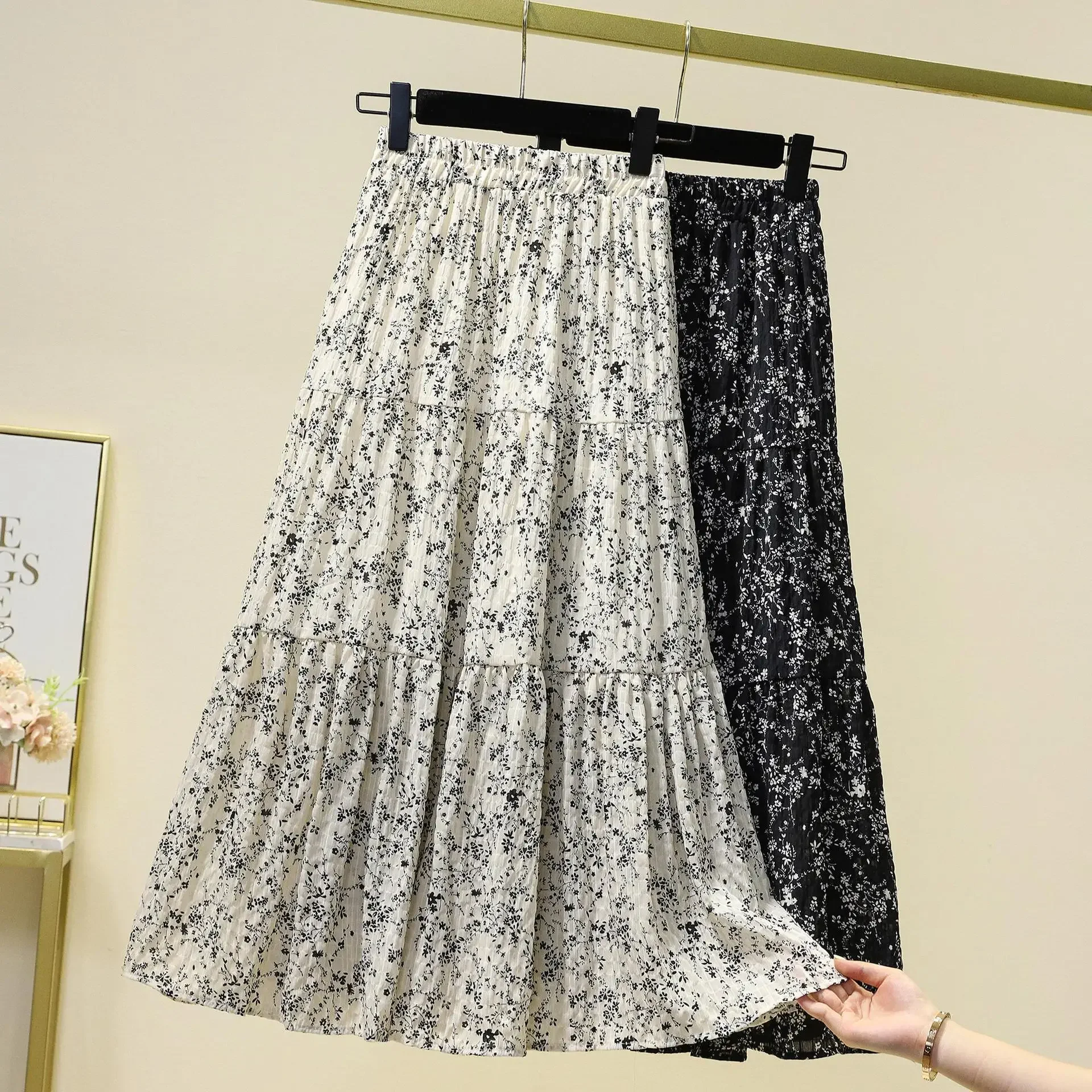 Spring Summer Chiffon Women Skirts Casual Floral Printed Woman Long Skirts Elastic Waist Female Loose Korean Style Skirt