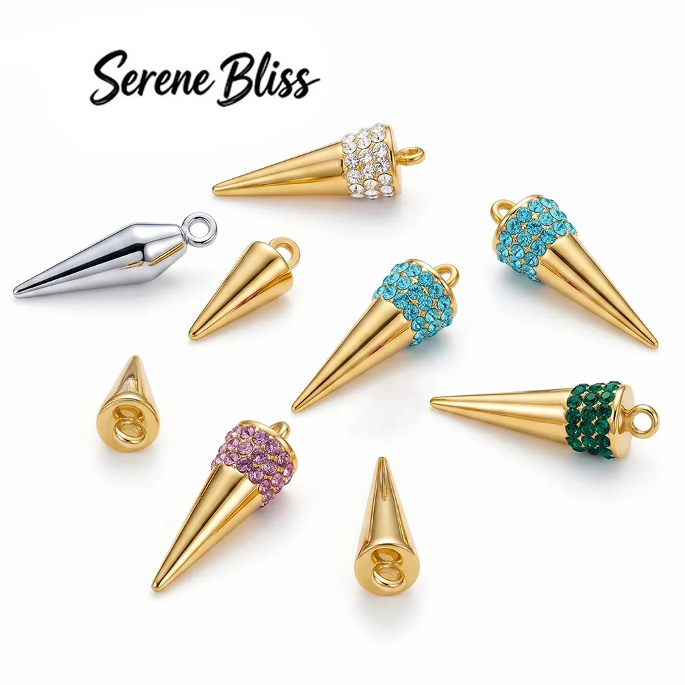 5PCS Stainless Steel Circular Cone Charms Retro Inlay Rhinestone for Women Man Hoop Earrings Necklace Jewelry Making Accessories