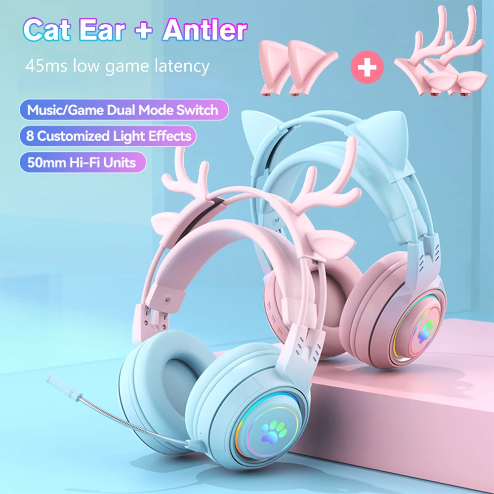 Cat Ears Headphones Headset Gamer Wireless Headphones with Mic Gamer Girl Antler Bluetooth Gaming Headphones Girls Gifts