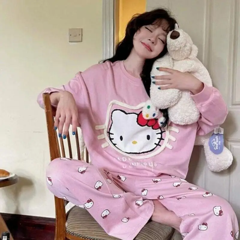 Cute Cartoon Hello Kitty Print Pajamas Women Spring Autumn Long Sleeve Pants Home Clothes Comfortable Loungewear Nightwear Set