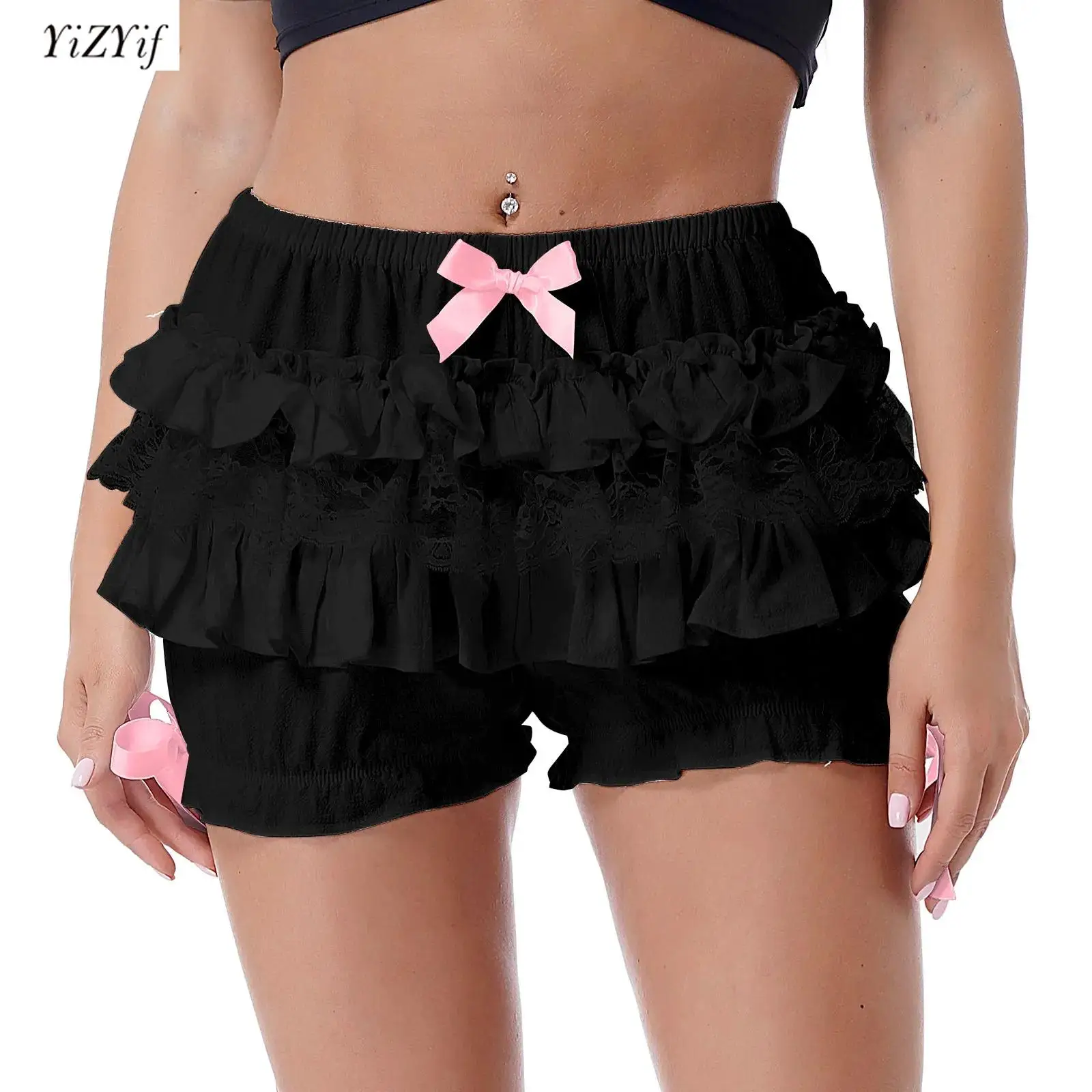 Cute Womens Bloomers Pumpkin Shorts Lace Trim Layered Ruffle Bowknot Decor Solid Color Panties Lolita Shorts Summer Underwear