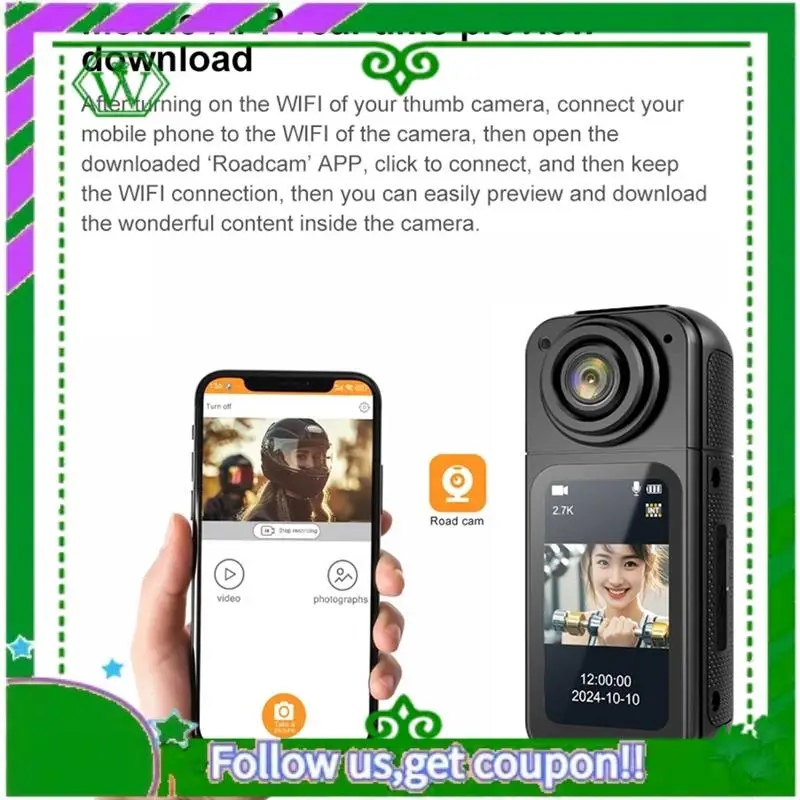 

Reliable-Thumb Mini Camera Sports DV Cycling Video Recorder 2.7K HD 180° Rotatable Wifi Sports DV