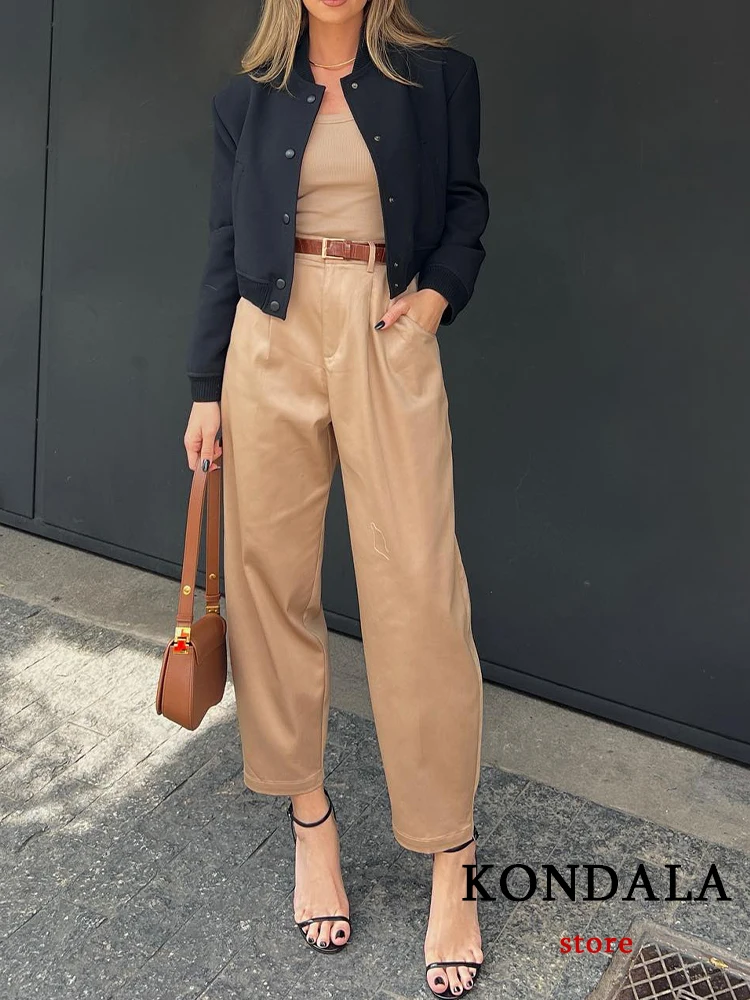 KONDALA Vintage Casual Chic Khaki Women Pants Solid Zipper Pockets Belt Straight Loose Pants New Fashion 2023 Autumn Trousers