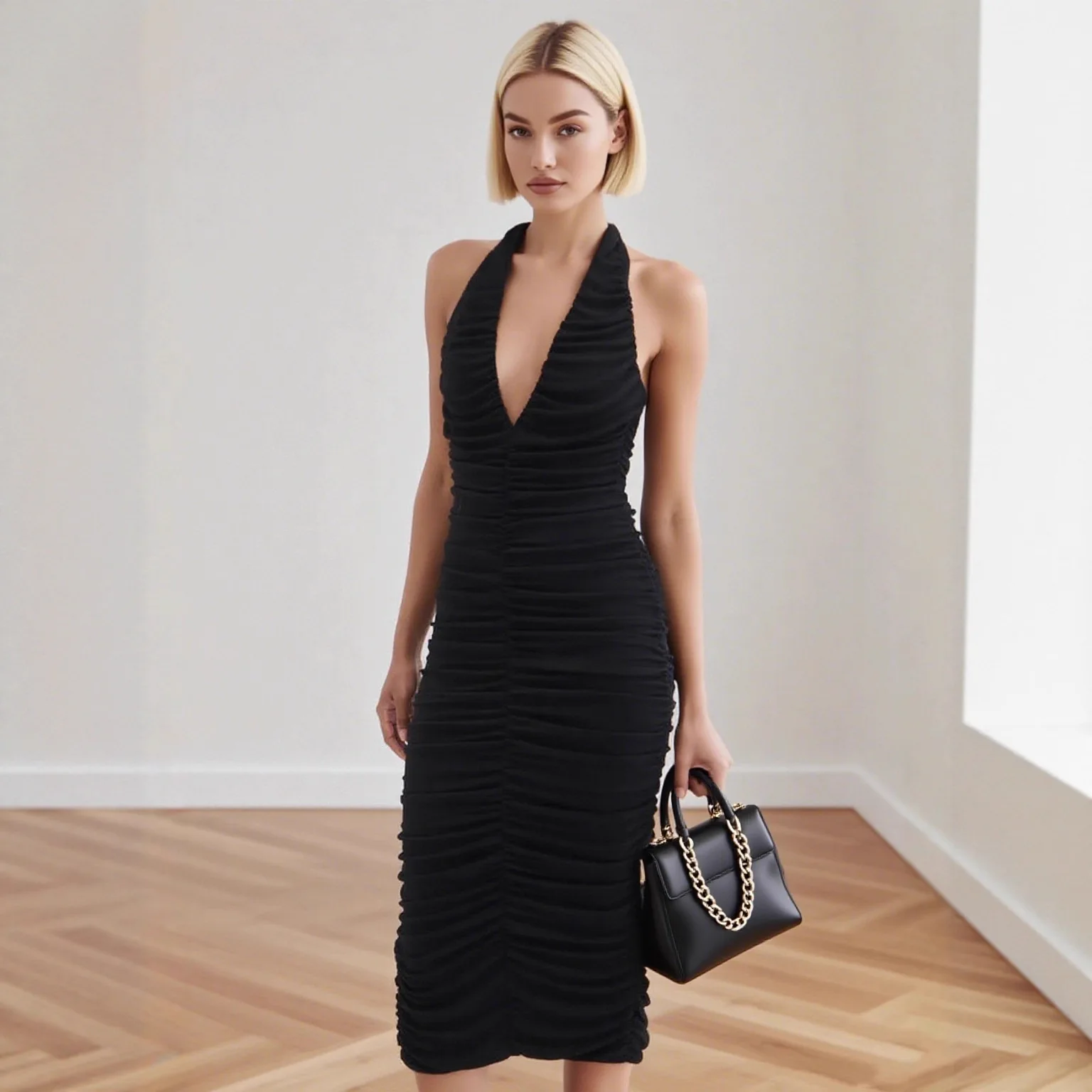 

Sexy Deep V Dr with Pleated Small Design Hanging Ne High Waist Me Fabric Ciwalk Summer Color ort Pants