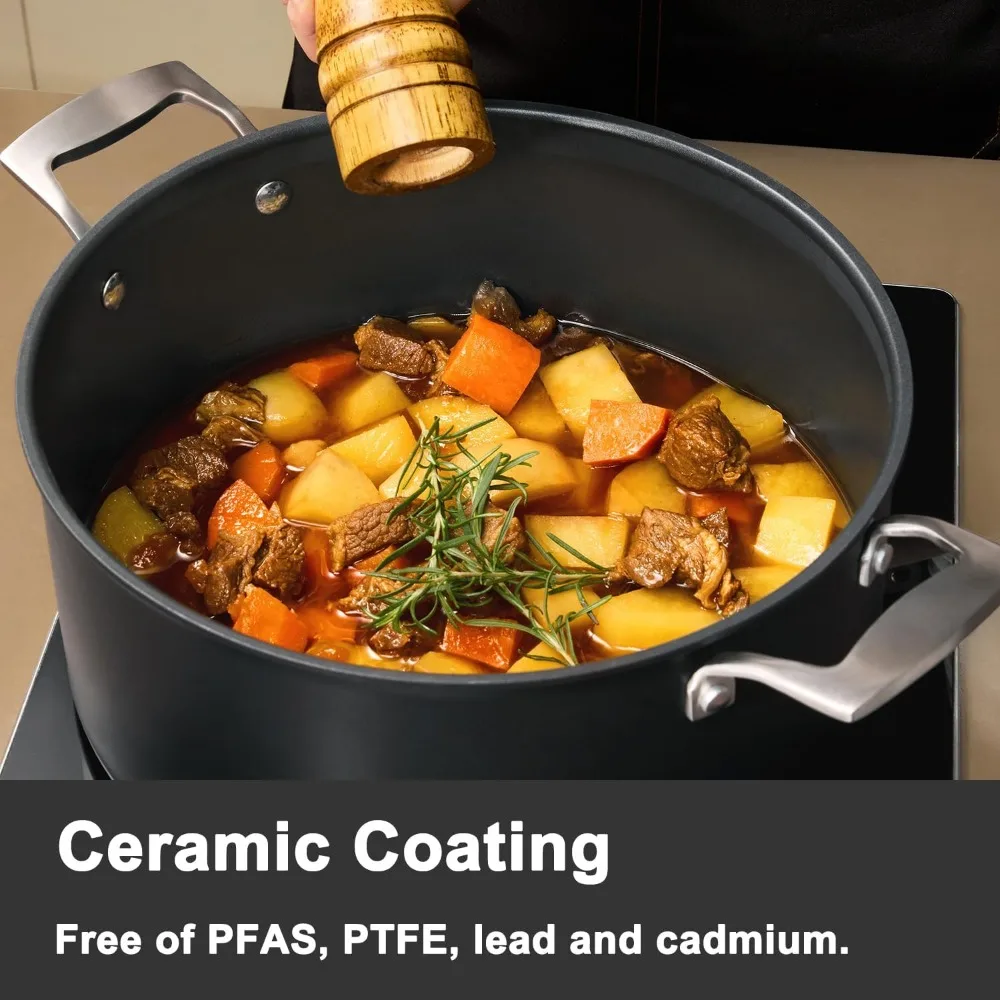 وعاء مخزون غير لاصق سعة 8 لتر مع غطاء زجاجي، آمن للفرن حتى 700 ° F، متوافق مع الحث، مقاوم للخدش، غير لاصق يدوم طويلاً