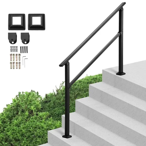 

Outdoor Handrails for Steps, 4-5 Step Stair Rail Kit, Black Square Tube with Horizontal Bar, Carbon