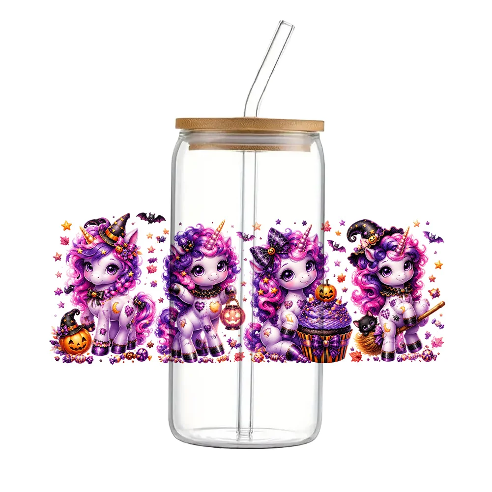UV DTF 11x24cm Halloween Unicorn Cup Wrap Sticker Transfer for 16oz Libbey Glass Can Waterproof Decal