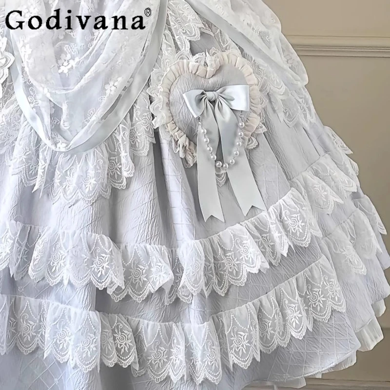 الأزرق الحلو فتاة دمية الدانتيل لوليتا فستان بلا أكمام تأثيري عيد ميلاد فستان الأميرة المرأة حفل زفاف فستان Kawaii