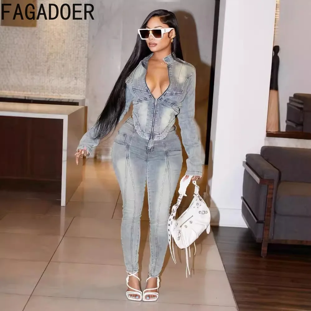 FAGADOER Sexy Denim 2 Piece Set Outfit Retro Y2k Streetwear Zip Stretchy Slim Jackets and Jeans Pant Sets Autumn New Clothing