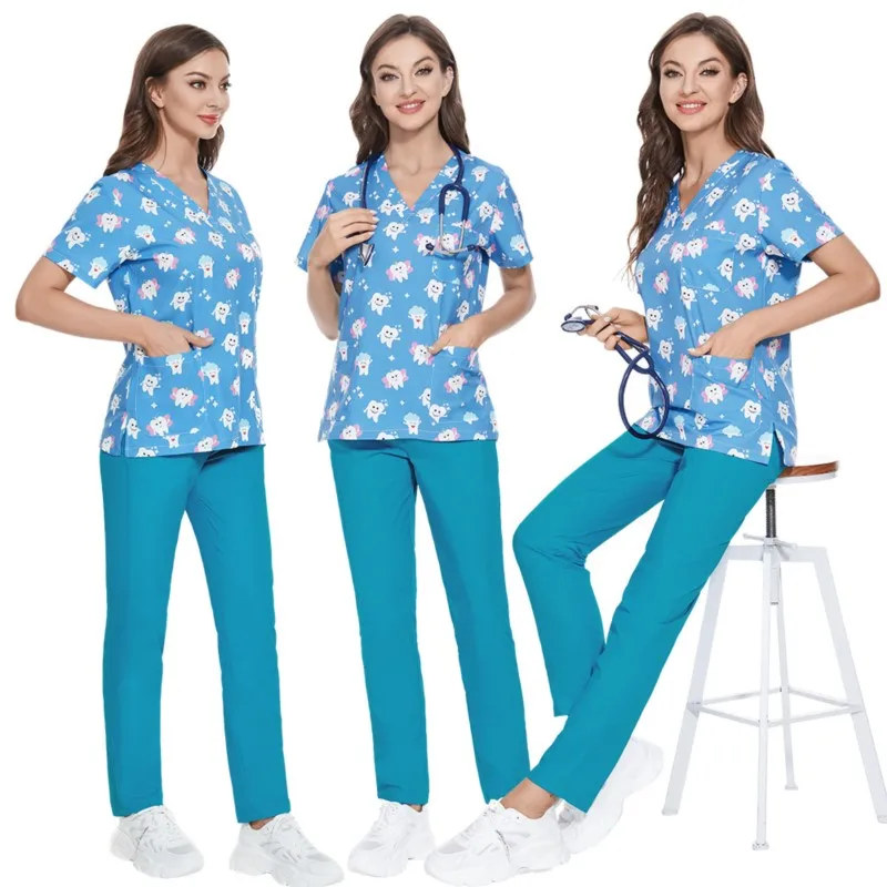 

Teeth Printed Scrub sets Womens Tops+Pants Medical Nursing Uniform Hospital Dental Clinic Beauty Salon Workwear Nurse outfits