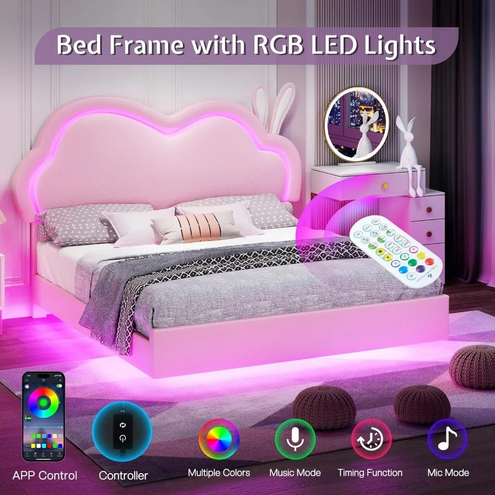 Bed Frame, LED Queen Bed Frame for Girls Upholstered Floating Bed with Cute Cloud Headboard, No Box Spring Needed, Leather Beds