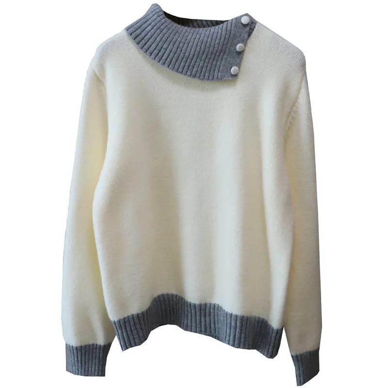 فضفاض الكورية Sle اللون بلو طوق المرأة تريكو سترة ملابس داخلية غير رسمية طويلة Sve النسيج الناعم الخريف الشتاء #5