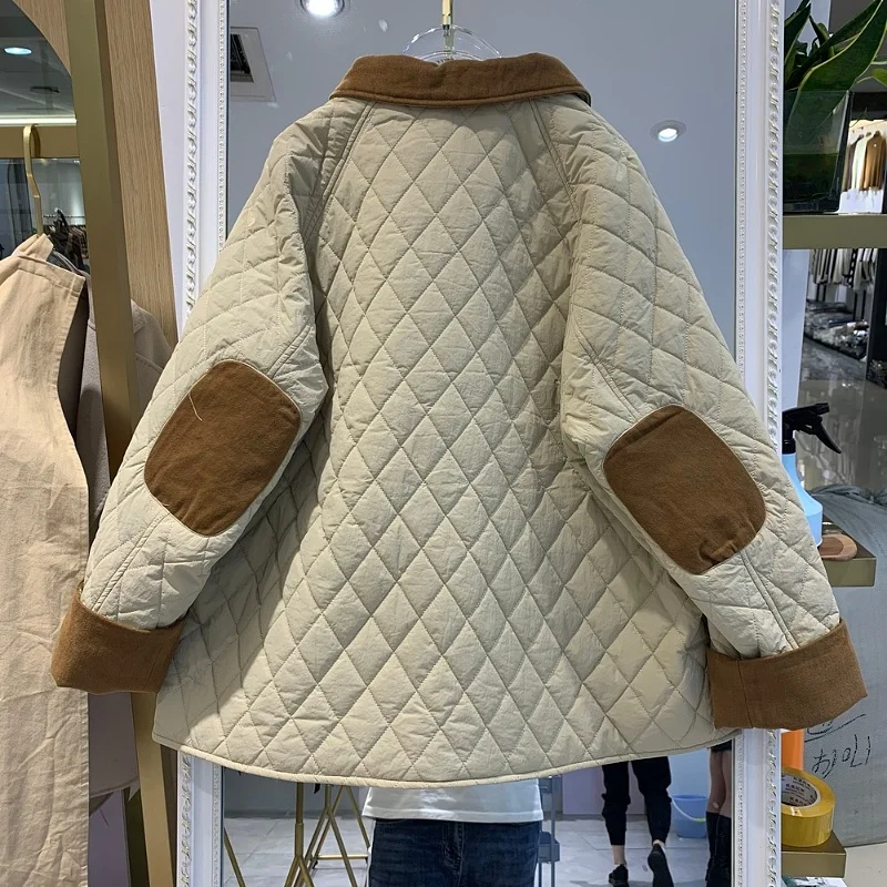 Loose Women's Retro Cotton Jaet Color Blo Winter Coat Korean Sle  Collar Single Button Long Sve Thiened Polyester