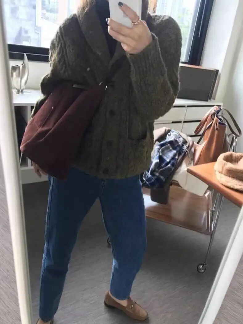 

100% cashmere cardigan women's twist thick loose coat retro lazy wind knitted sweater coat cardigan.