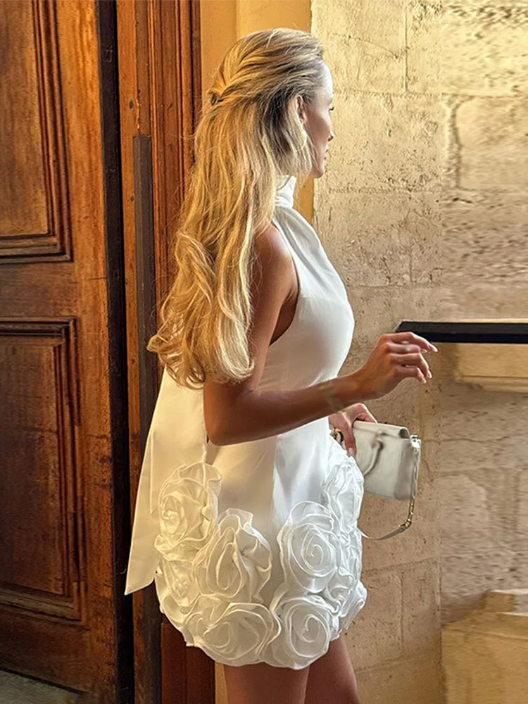 HH Vrouwen Mode Mouwloze Jurk Witte Hoge Kraag Backless Bloem Decoratie Boog Lace Up Rits Vrouwelijke Zomer Sexy Mini Jurk