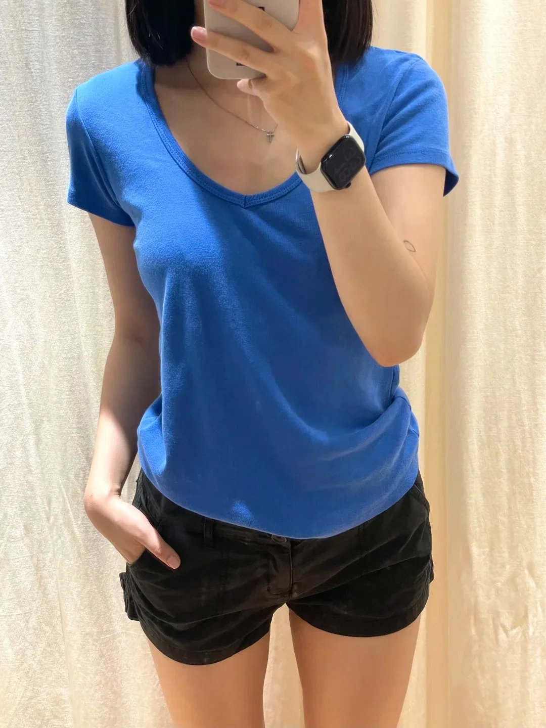 Royal Blue V-neck T-shirts Women New Summer Cotton Casual Streetwear Slim Short Sleeve Tees Vintage Chic Preppy Style Tshirt Y2K