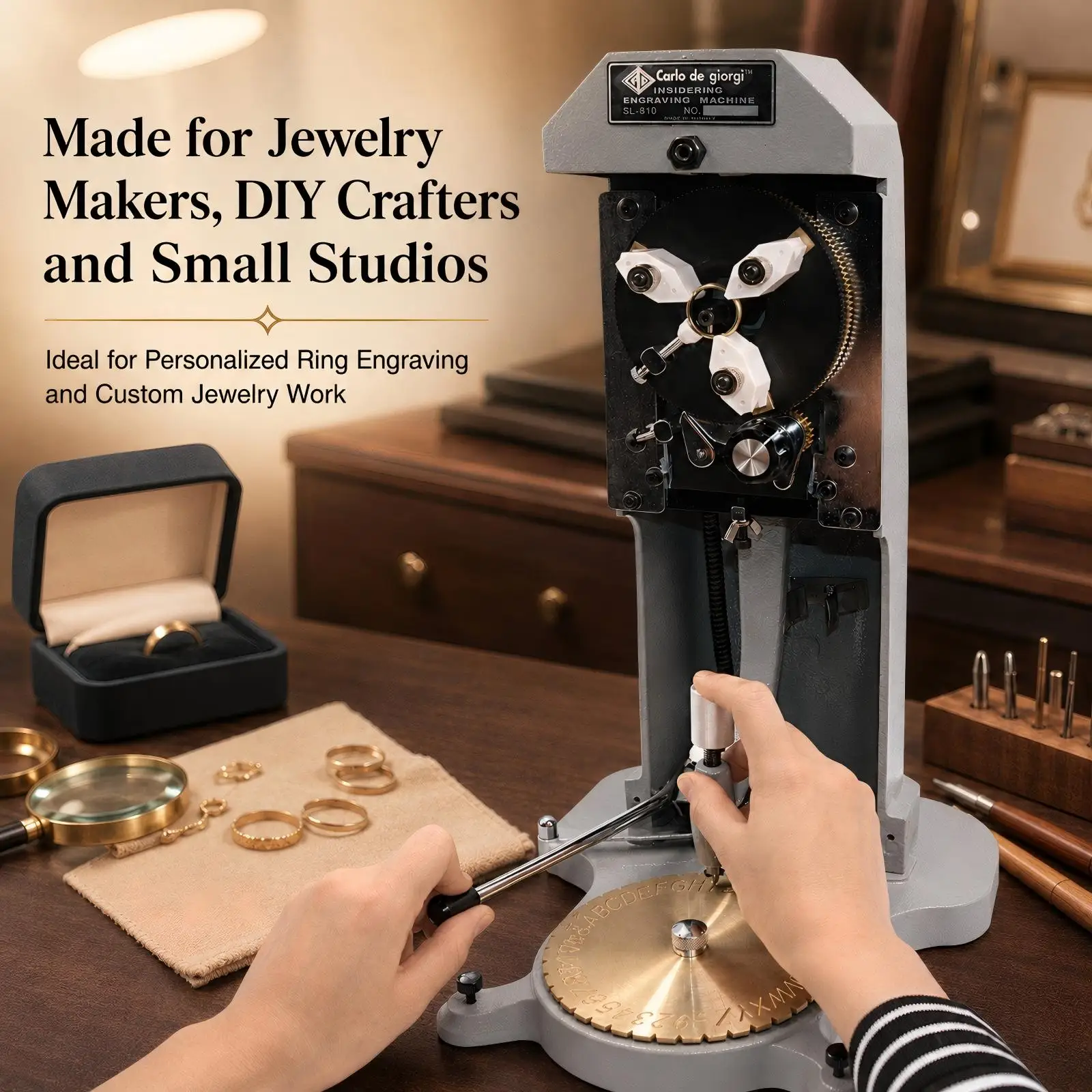 Manual Inside Ring Engraving Machine Jewelry Engraver with Double Sided Lettering Dial Metal Plotter Tool for Rings Standard Letter Block Stamper Jewelry Carving Tools