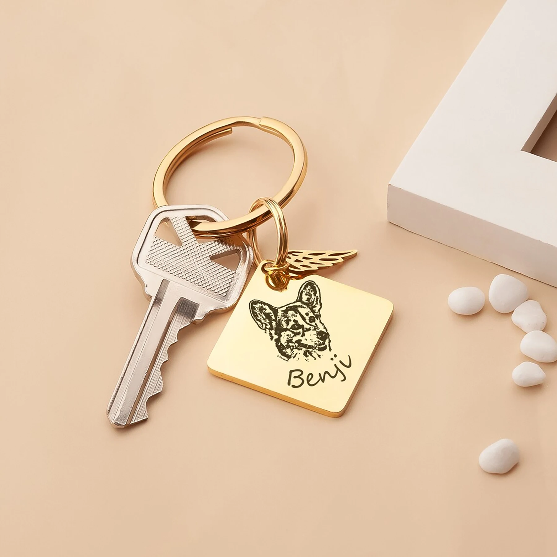 

Memorial Dog Cat Keychain Stainless Steel Square Pendant with Wing Custom Pet Portrait Photo Name Jewelry Gift for Women Men