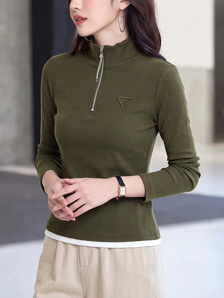 New Women Contrast Color Daily Long Sleeve T-shirt Spring Autumn Fashion Zipper Half High Collar Solid Color Loose Basic T-shirt