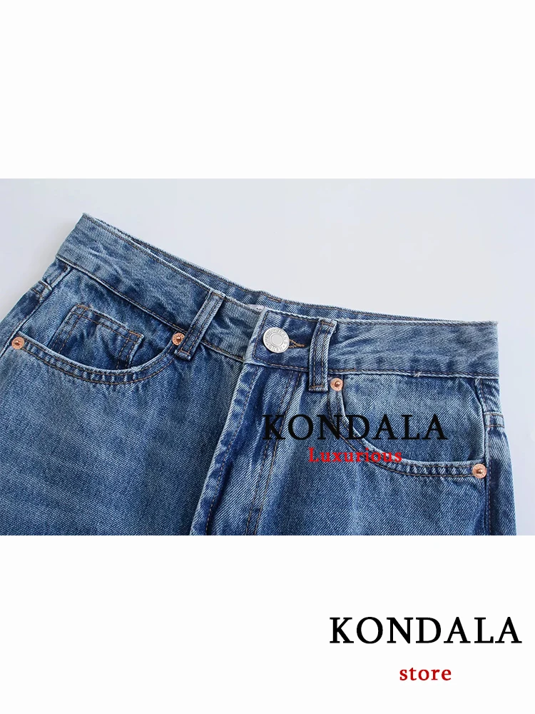 KONDALA 2025 جينز نسائي غير رسمي بثقوب ممزقة من قماش الدنيم موضة عالية الخصر بأزرار ملابس الشارع الشهير سراويل طويلة سراويل نسائية عتيقة