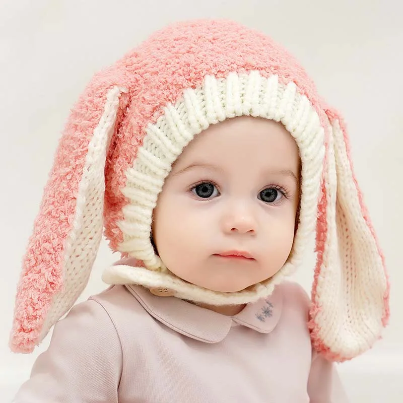 Korean Rabbit Ear Baby Hats Knitted Cartoon Plush Infant Hat Cute Soft Autumn Winter Outdoor Head Accessories Adjustable Hatband