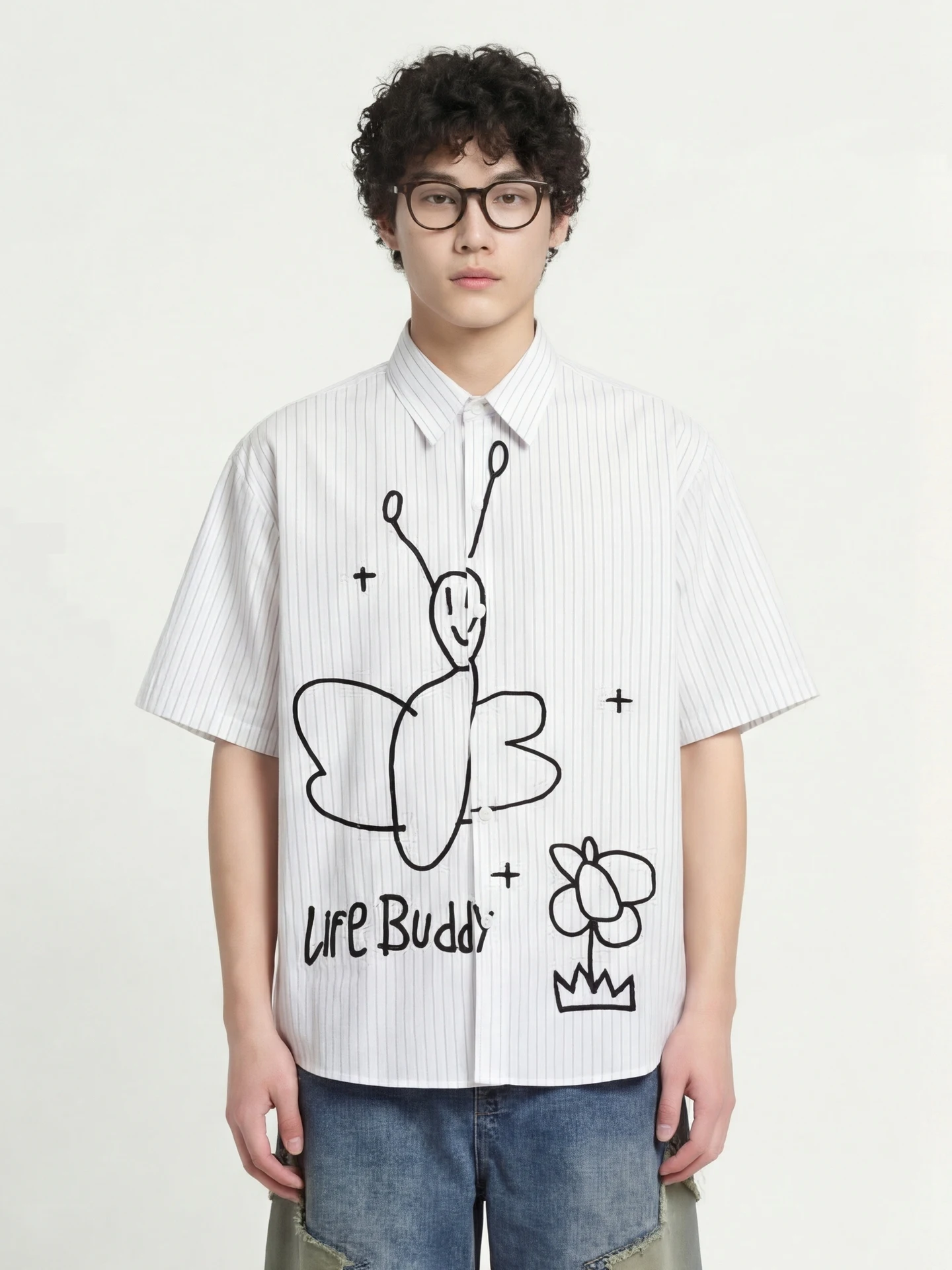 

Loose ort Sve Flower Embroidery irt from Blue White Stripes Life Buddy Casual Sle ex Cotton Polye...